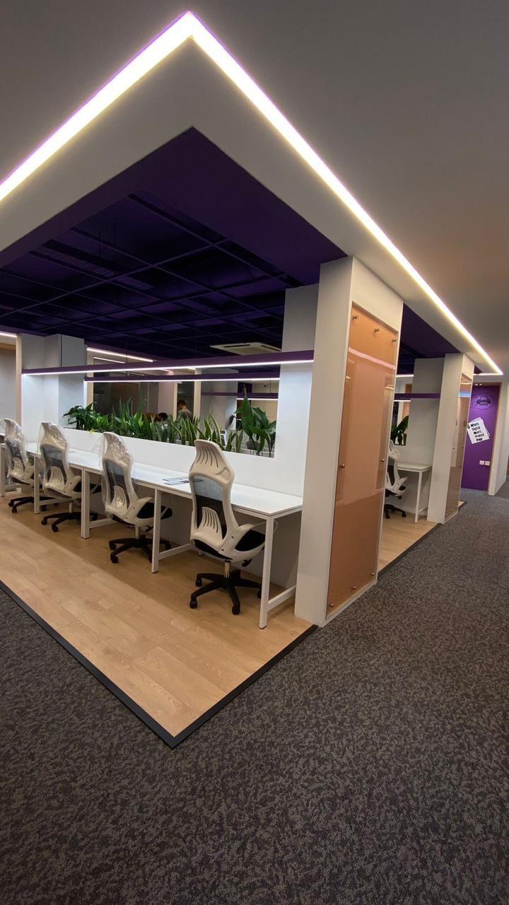 Furnished shared office desks in Islamabad with modern lighting and ergonomic seating